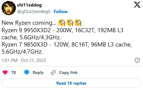 Mais um leak sobre um Ryzen 9 9950X3D2 com dual CCD V-cache e um 9850X3D a 5.6Ghz