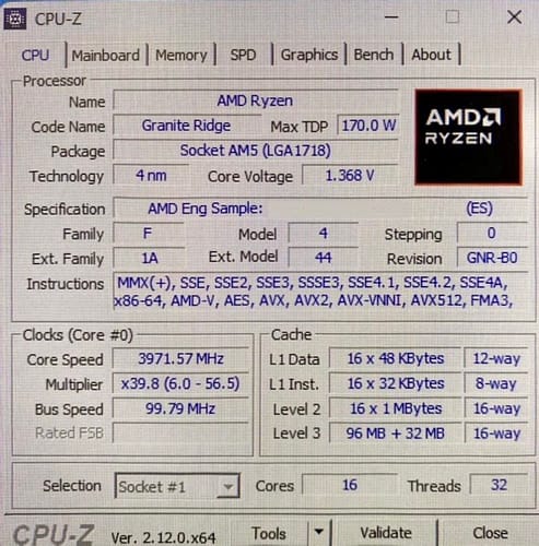9950X3D aparece no CPU-Z com 5.65Ghz de clock e 170W de TDP